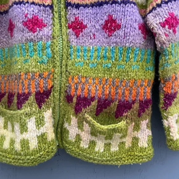 Vintage Chunky knite Cardigan Sweaters Colorful Knit Zip-Up Sweater Kids Unisex - Picture 4 of 5